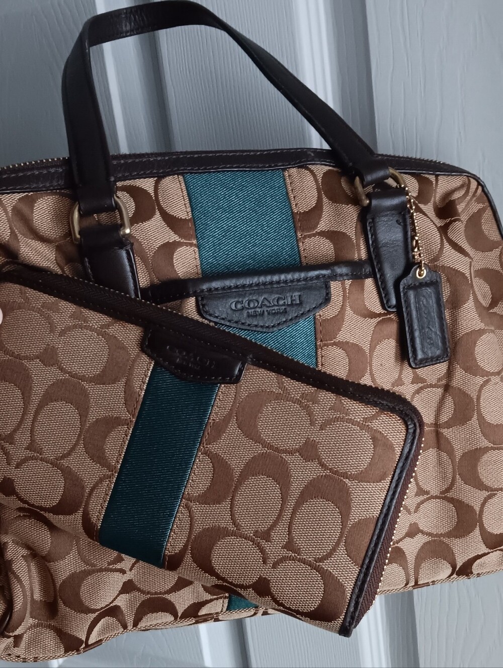 Coach Brown Signature Canvas Bag with Green Stripe Matching Wallet